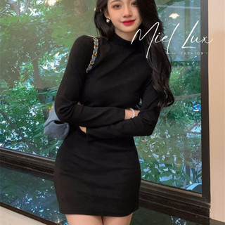 Váy đầm body nữ đen thu đông dài tay cổ cao , đầm ôm body dáng ngắn cổ lọ bigsize Miel Fashion V231140