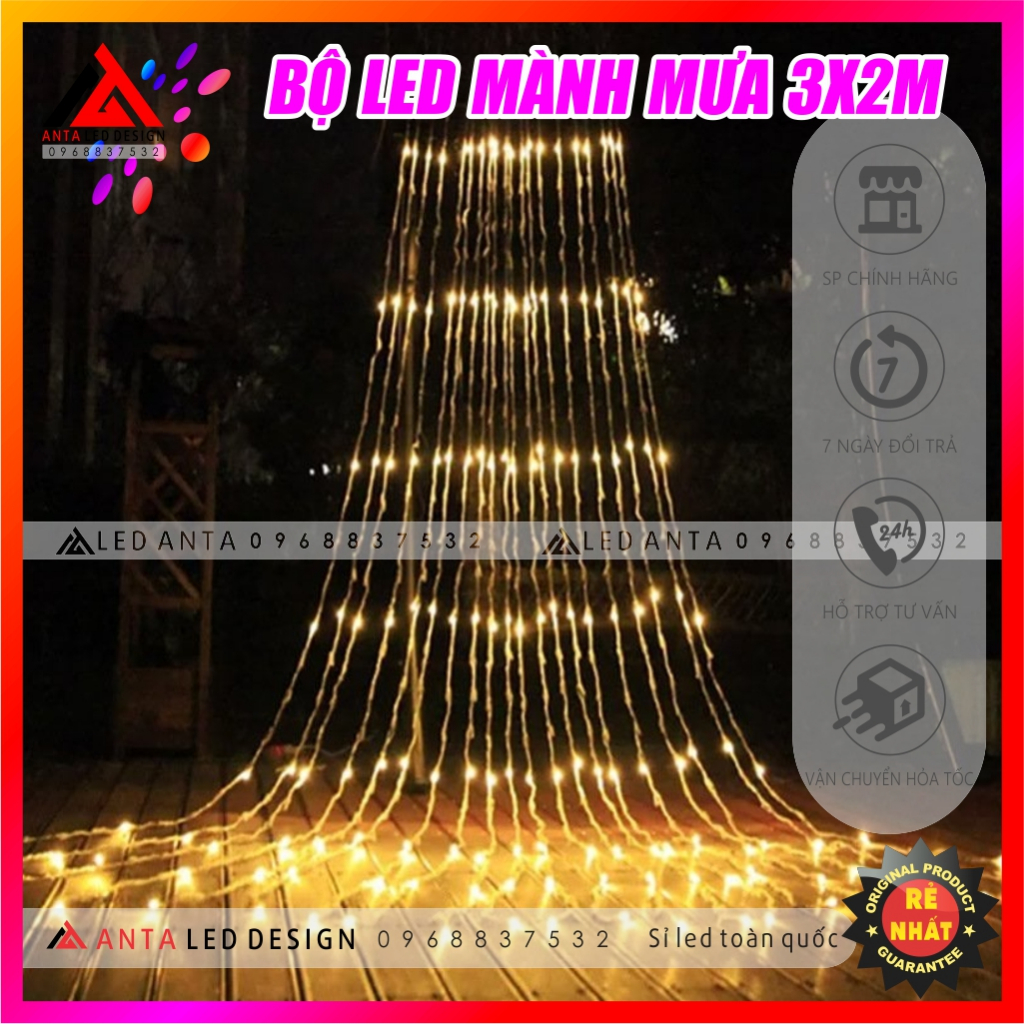 Dây đèn led mành mưa kích thước 3 x 2m, đèn nháy hiệu ứng thác nước 10 sợi