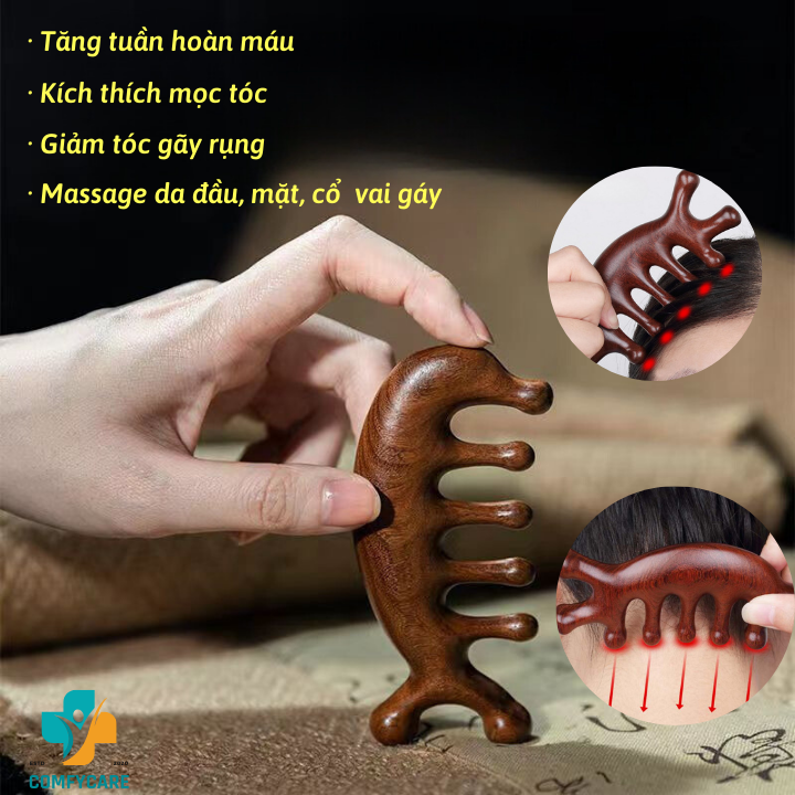 Lược Gỗ Đàn Hương Massage Da Đầu, Cổ Vai Gáy - Lược Gỗ Đàn Hương Dưỡng Sinh Mát Xa, Lưu Thông Khí Huyết, Giảm Căng Thẳng