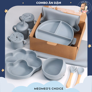 Set Quà Combo 8 Chi Tiết Ăn Dặm Bộ Khay Chén Bát Thìa Dĩa Yếm Ăn Dặm Silicon Chống Đổ An Toàn Cho Bé