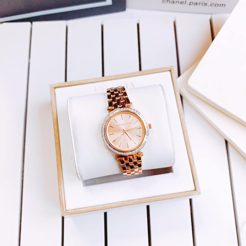 Đồng hồ nữ Michael Kors MK3366 Mặt tròn siz 33mm dây kim loại vàng hồng