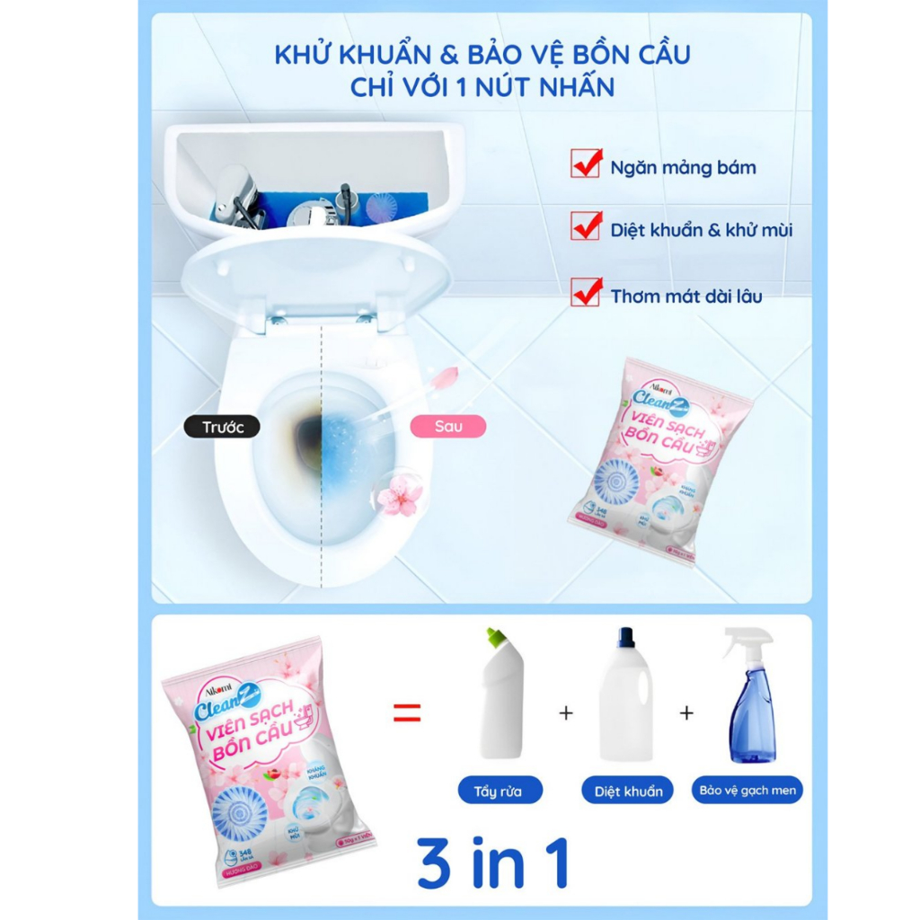 Viên thả bồn cầu Cleanz diệt khuẩn thơm mát tẩy sạch mảng bám khử mùi hôi toilet, thơm lâu không gian nhà vệ sinh