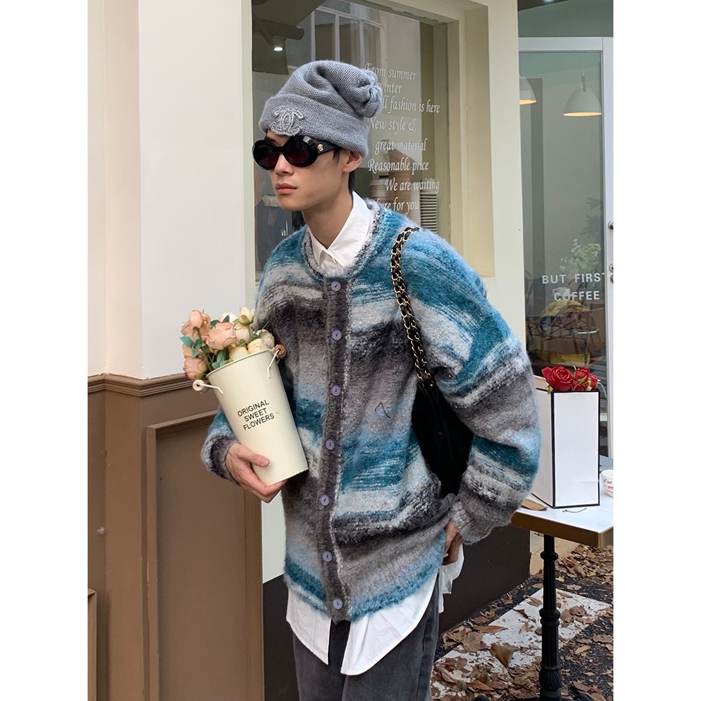 Áo Khoác Len Màu Loang Dáng Rộng Vải Lông Xoăn Phong Cách Trung Cổ Dành Cho Các Cặp Đôi