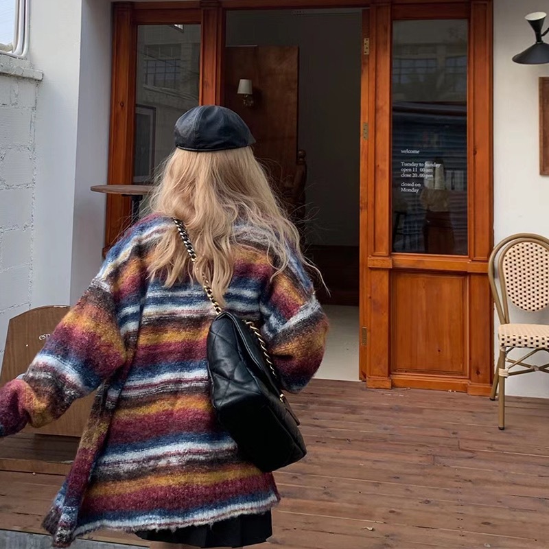 Áo Khoác Len Màu Loang Dáng Rộng Vải Lông Xoăn Phong Cách Trung Cổ Dành Cho Các Cặp Đôi
