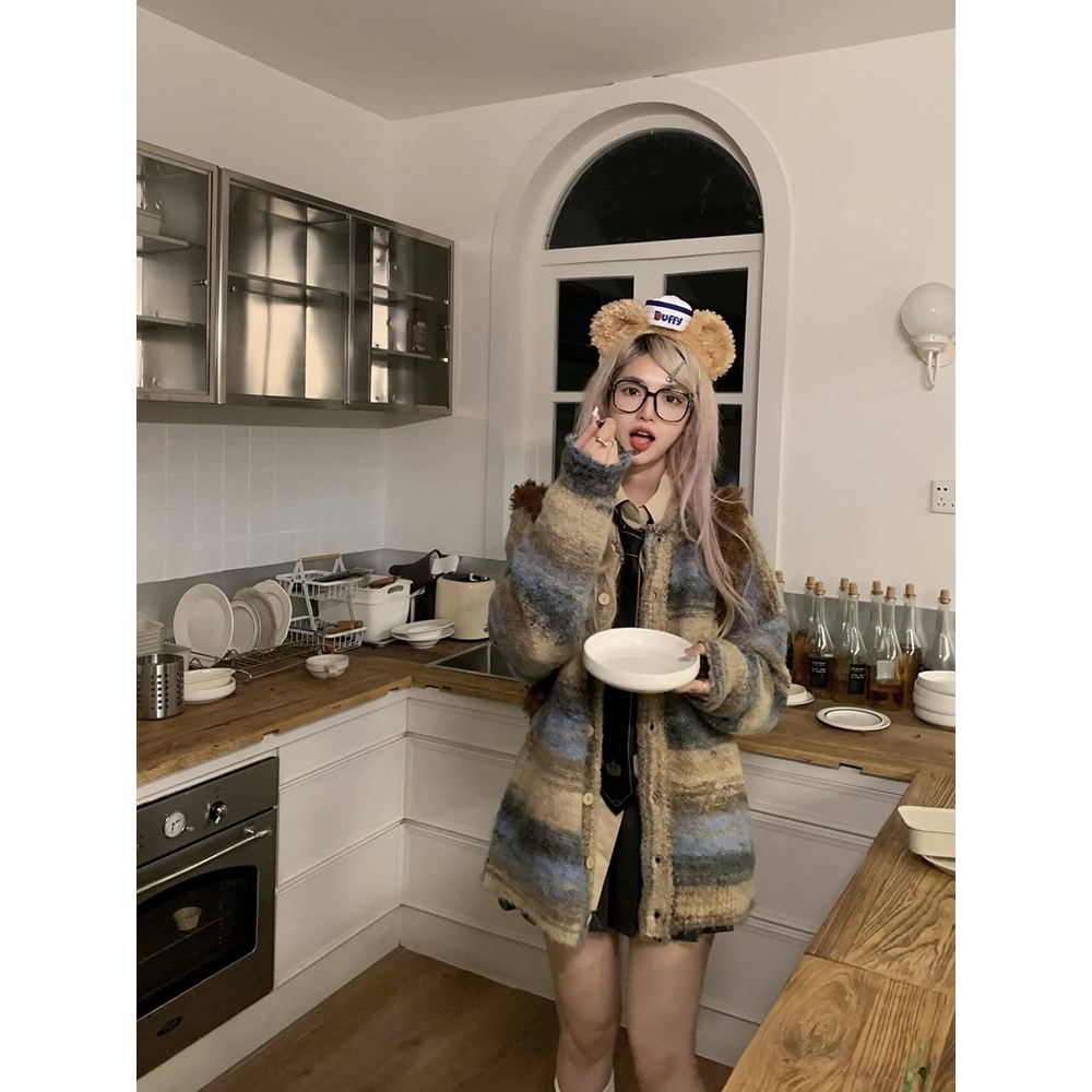 Áo Khoác Len Màu Loang Dáng Rộng Vải Lông Xoăn Phong Cách Trung Cổ Dành Cho Các Cặp Đôi