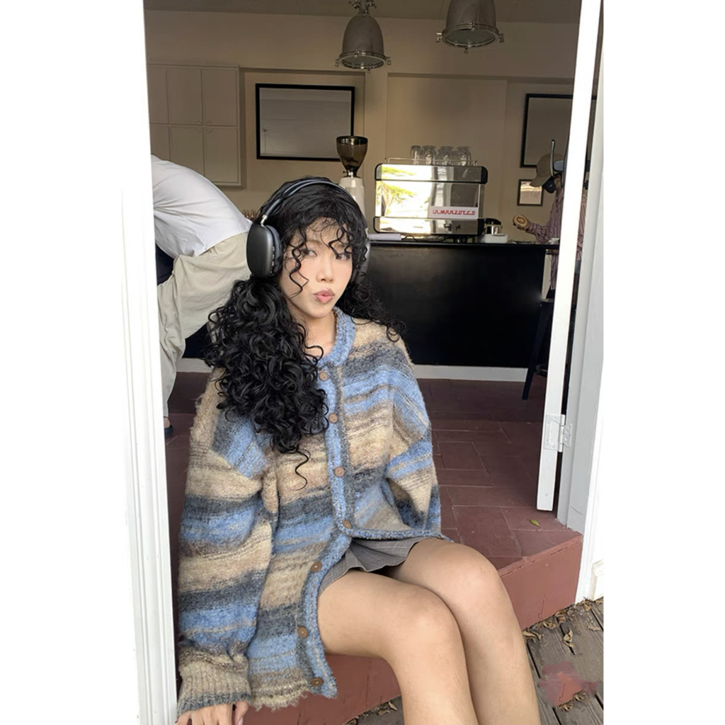 Áo Khoác Len Màu Loang Dáng Rộng Vải Lông Xoăn Phong Cách Trung Cổ Dành Cho Các Cặp Đôi