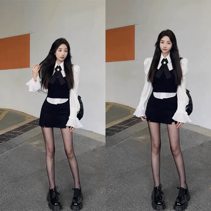 Set dạ 4 món áo sơmi tay chun mix Gile kèm chân váy chữ A + tang nơ đá hàng 2 lớp kèm ảnh thật