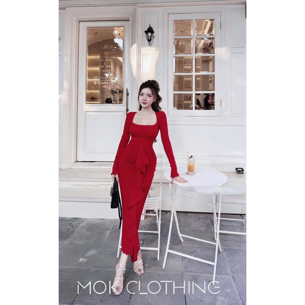 Đầm váy nữ body dáng dài cổ vuông, thiết kế kiểu bèo tua tua phong cách hàn quốc siêu sang chảnh, nữ tính