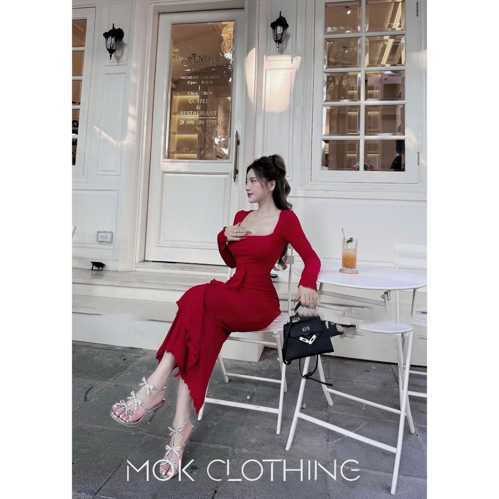 Đầm váy nữ body dáng dài cổ vuông, thiết kế kiểu bèo tua tua phong cách hàn quốc siêu sang chảnh, nữ tính