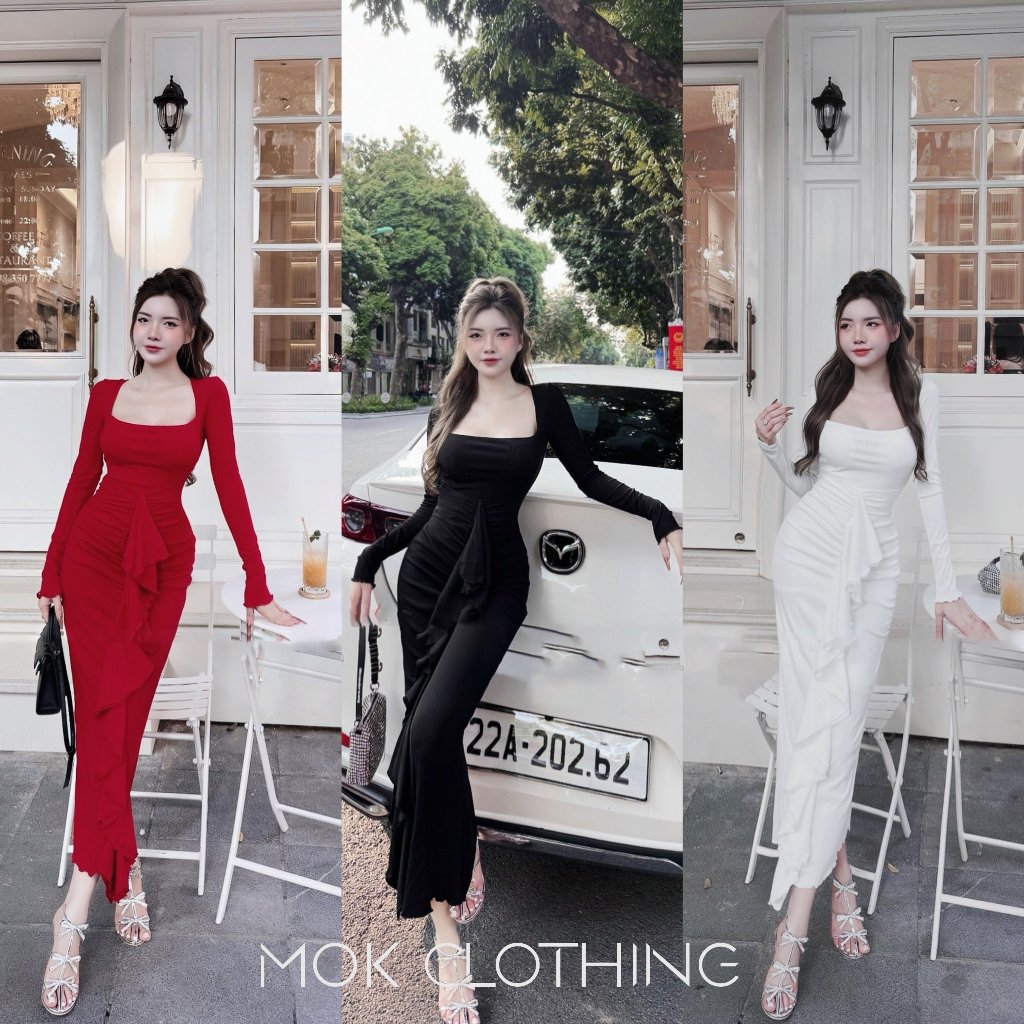 Đầm váy nữ body dáng dài cổ vuông, thiết kế kiểu bèo tua tua phong cách hàn quốc siêu sang chảnh, nữ tính