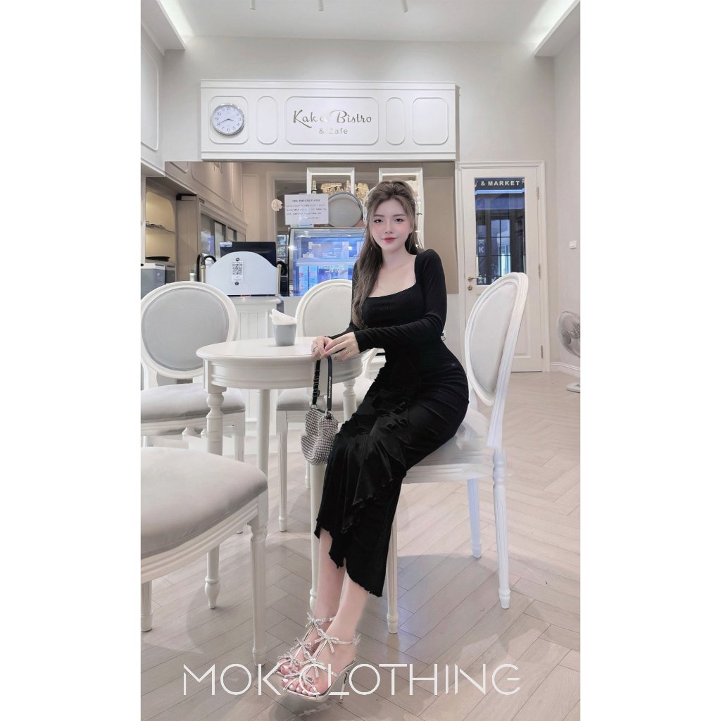 Đầm váy nữ body dáng dài cổ vuông, thiết kế kiểu bèo tua tua phong cách hàn quốc siêu sang chảnh, nữ tính