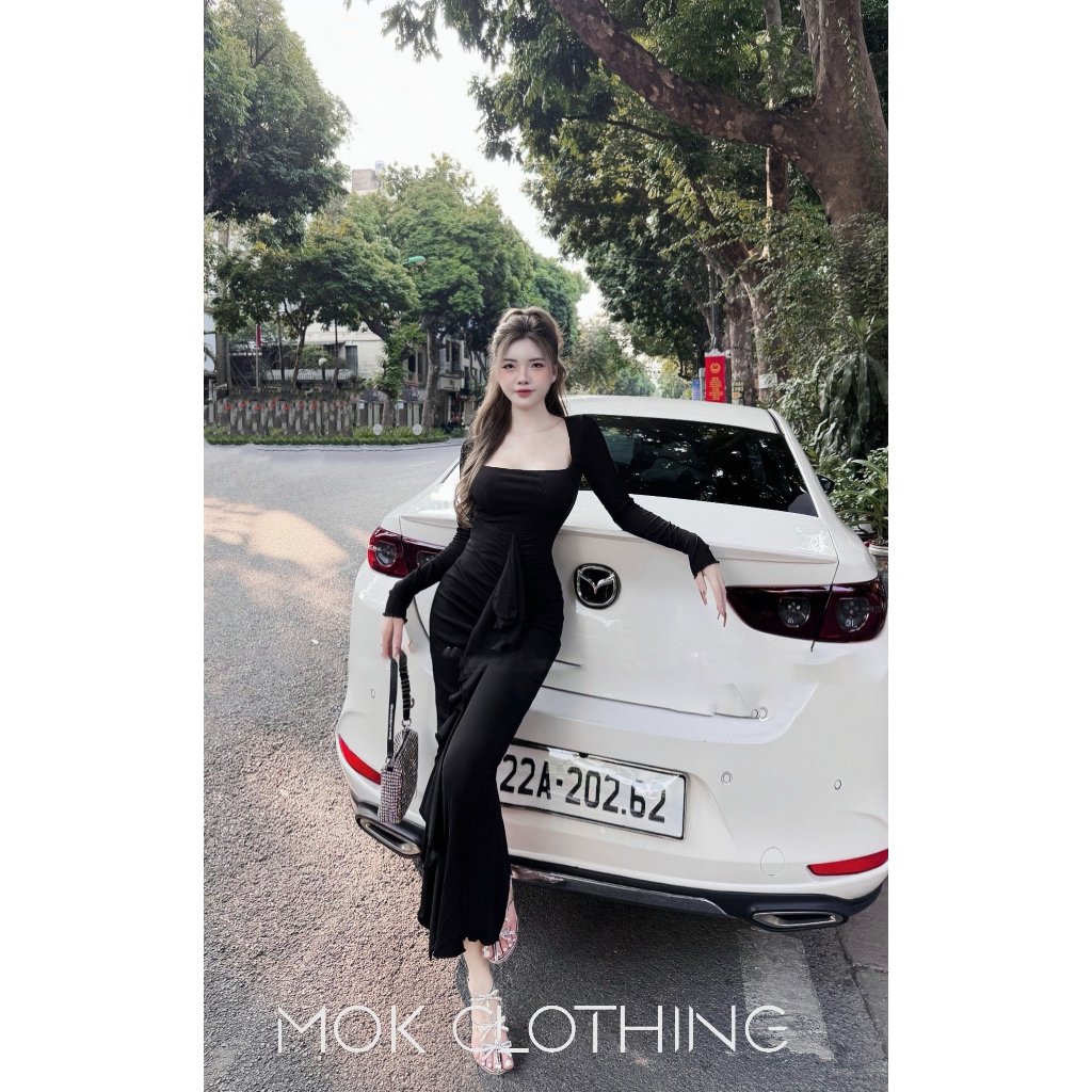 Đầm váy nữ body dáng dài cổ vuông, thiết kế kiểu bèo tua tua phong cách hàn quốc siêu sang chảnh, nữ tính