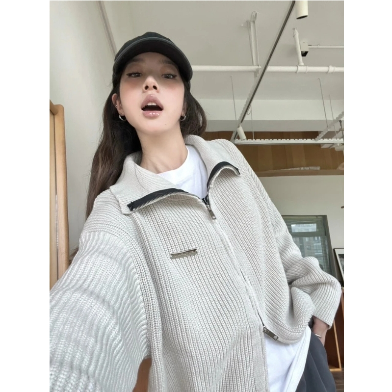 Áo len cardigan cổ polo màu trơn có khoá kéo dài tay bo gấu ulzzang dáng vừa thu đông