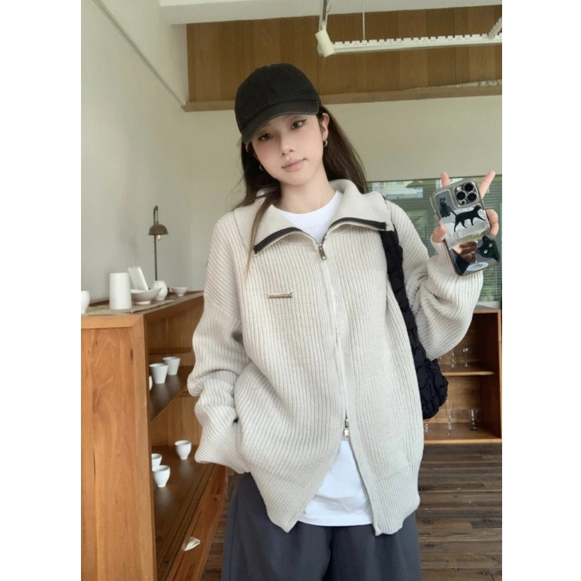 Áo len cardigan cổ polo màu trơn có khoá kéo dài tay bo gấu ulzzang dáng vừa thu đông