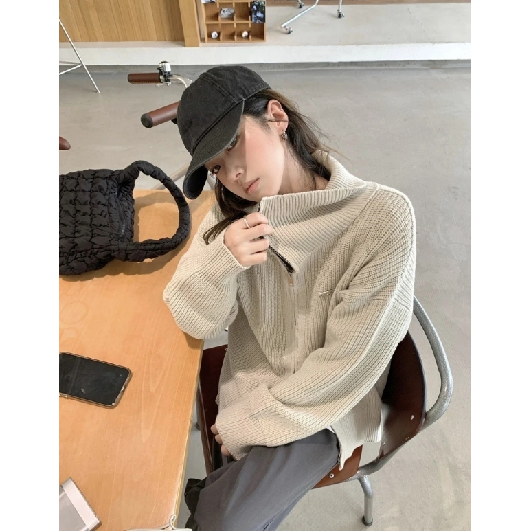 Áo len cardigan cổ polo màu trơn có khoá kéo dài tay bo gấu ulzzang dáng vừa thu đông