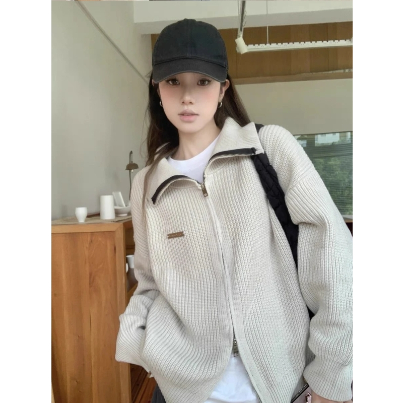 Áo len cardigan cổ polo màu trơn có khoá kéo dài tay bo gấu ulzzang dáng vừa thu đông