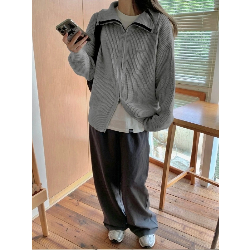 Áo len cardigan cổ polo màu trơn có khoá kéo dài tay bo gấu ulzzang dáng vừa thu đông