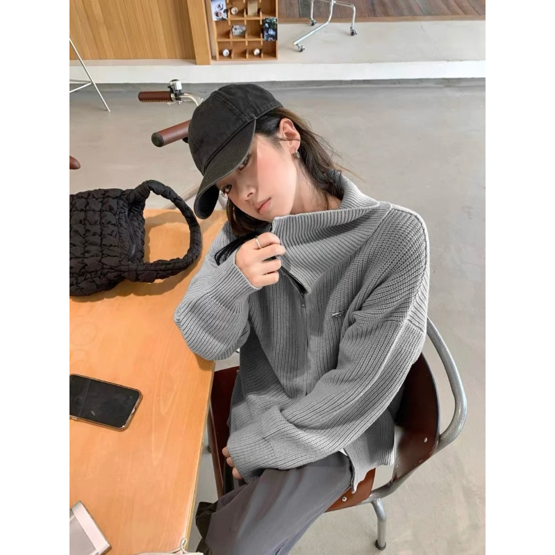 Áo len cardigan cổ polo màu trơn có khoá kéo dài tay bo gấu ulzzang dáng vừa thu đông