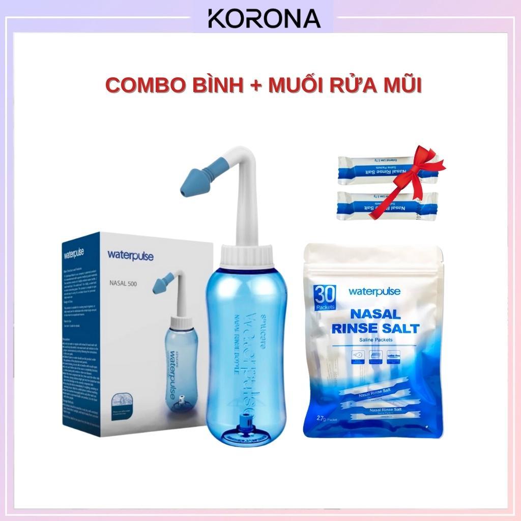 Combo bình rửa mũi và 30 gói muối rửa mũi Waterpulse, dụng cụ vệ sinh mũi, ngăn ngừa viêm xoang