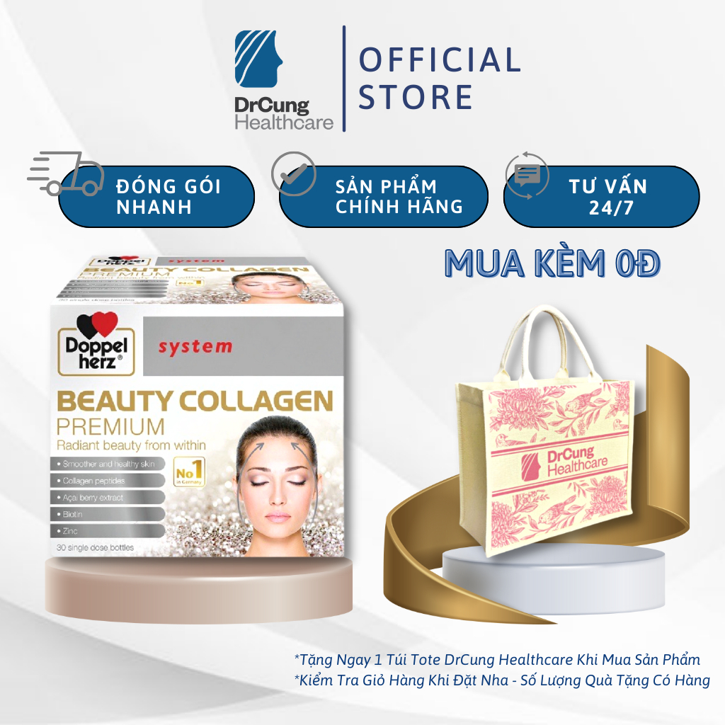Bác Sĩ Cung Beauty Collagen Premium - Doppelherz, Collagen, Kẽm, Vitamin E, Đẹp Da, Chống Lão Hóa (Hộp 30 Ống)