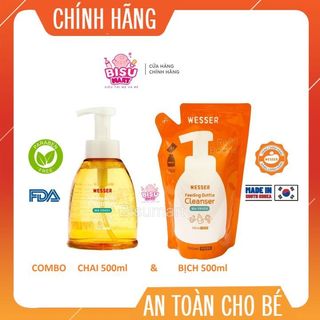 Combo nước súc rữa bình, núm vú wesser chai, bịch 500ml