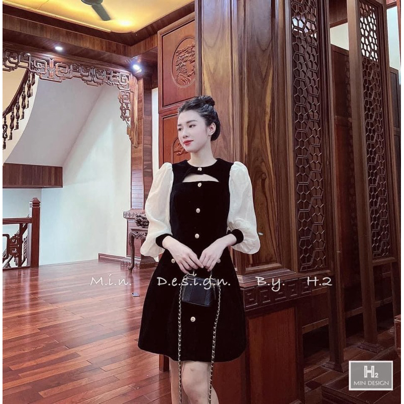 Váy nhung phối tay tơ xẻ