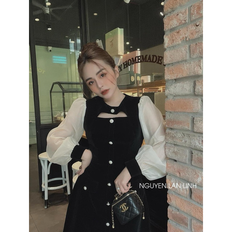 Váy nhung phối tay tơ xẻ