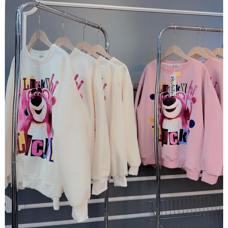 Áo sweater nỉ bông dễ thương in gấu Hồng chữ 7 màu dễ thương cho nữ