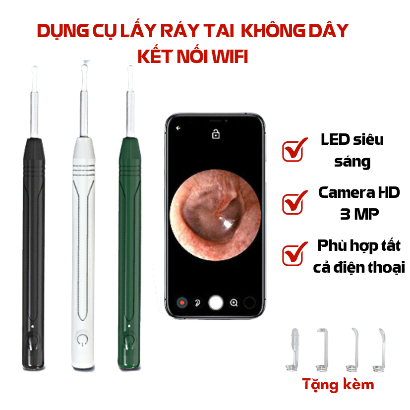 Camera Nội Soi Lấy Ráy Tai KAW Thông Minh Siêu Nét, Kết Nối Wifi, Có Đèn Led Siêu Sáng