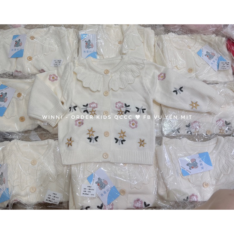 Áo khoác len be hoa thêu cổ bèo cho bé gái