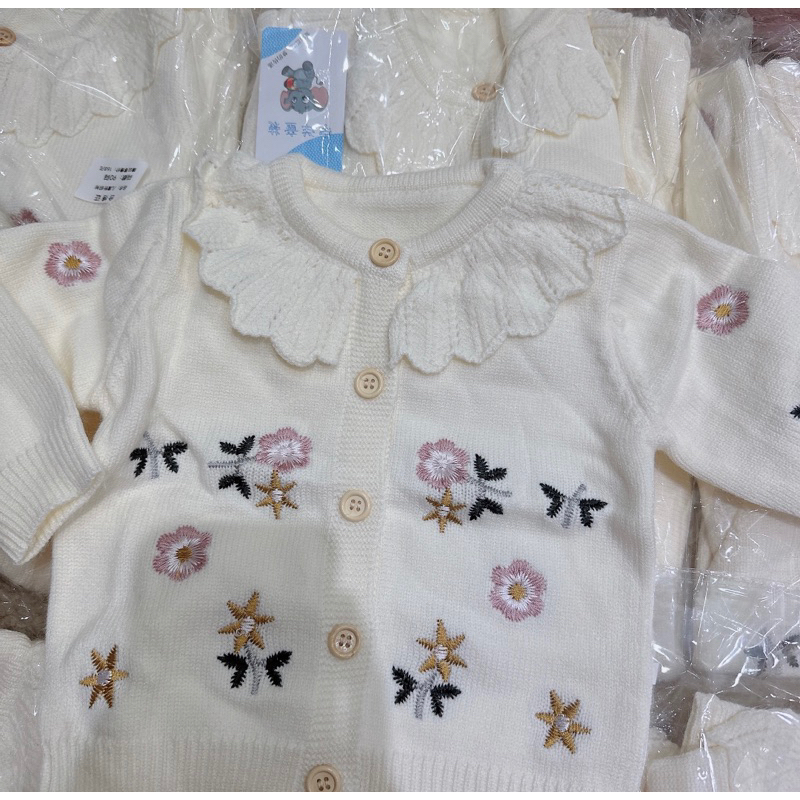 Áo khoác len be hoa thêu cổ bèo cho bé gái