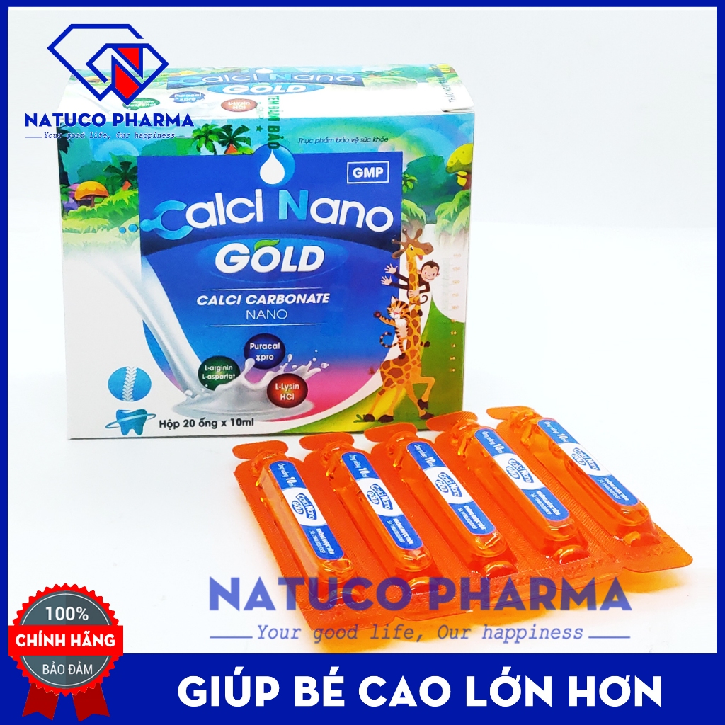Calci Nano Gold - Siro bổ sung canxi, taurin, vitamin giúp phát triển xương,tăng chiều cao, giảm còi xương - hộp 20 ống