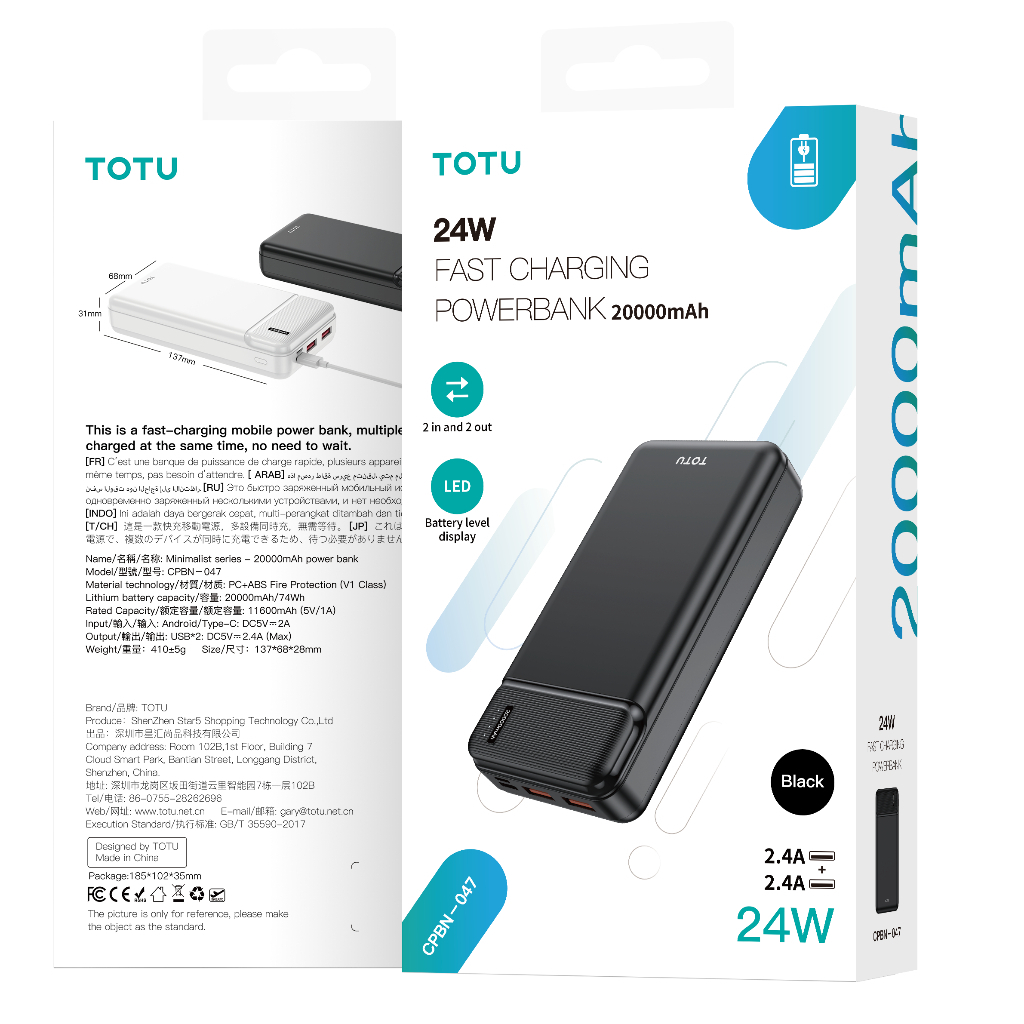Sạc Dự Phòng TOTU CPBN-046 / CPBN-047 Dung Lượng 10000mah / 20000mah - Thiết Kế 2 Cổng USB - Chính Hãng Phukien 365