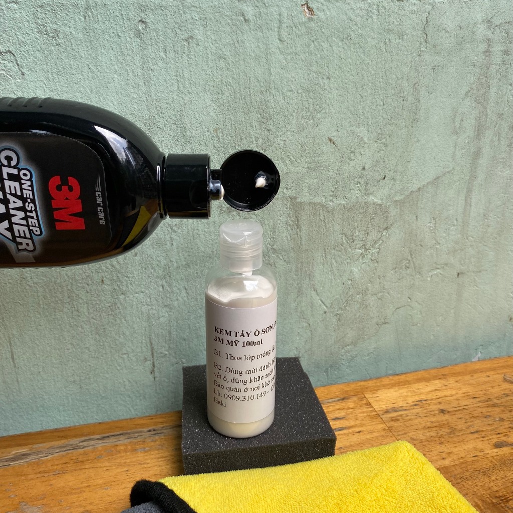 Kem đánh bóng ô tô xe máy, kem xóa xước dăm và tẩy ố bề mặt sơn One Step 3M Mỹ chiết lẻ 100ml kèm mút và khăn