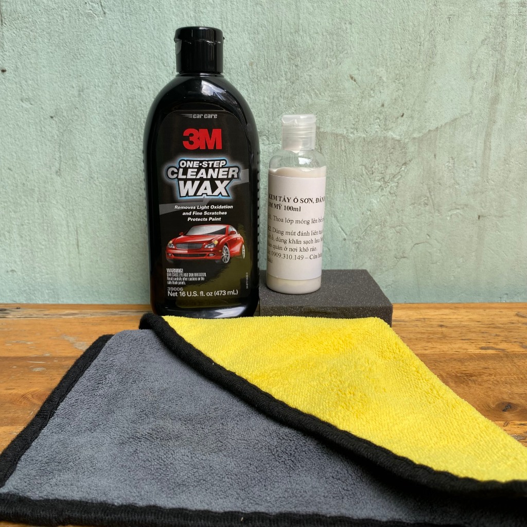 Kem đánh bóng ô tô xe máy, kem xóa xước dăm và tẩy ố bề mặt sơn One Step 3M Mỹ chiết lẻ 100ml kèm mút và khăn