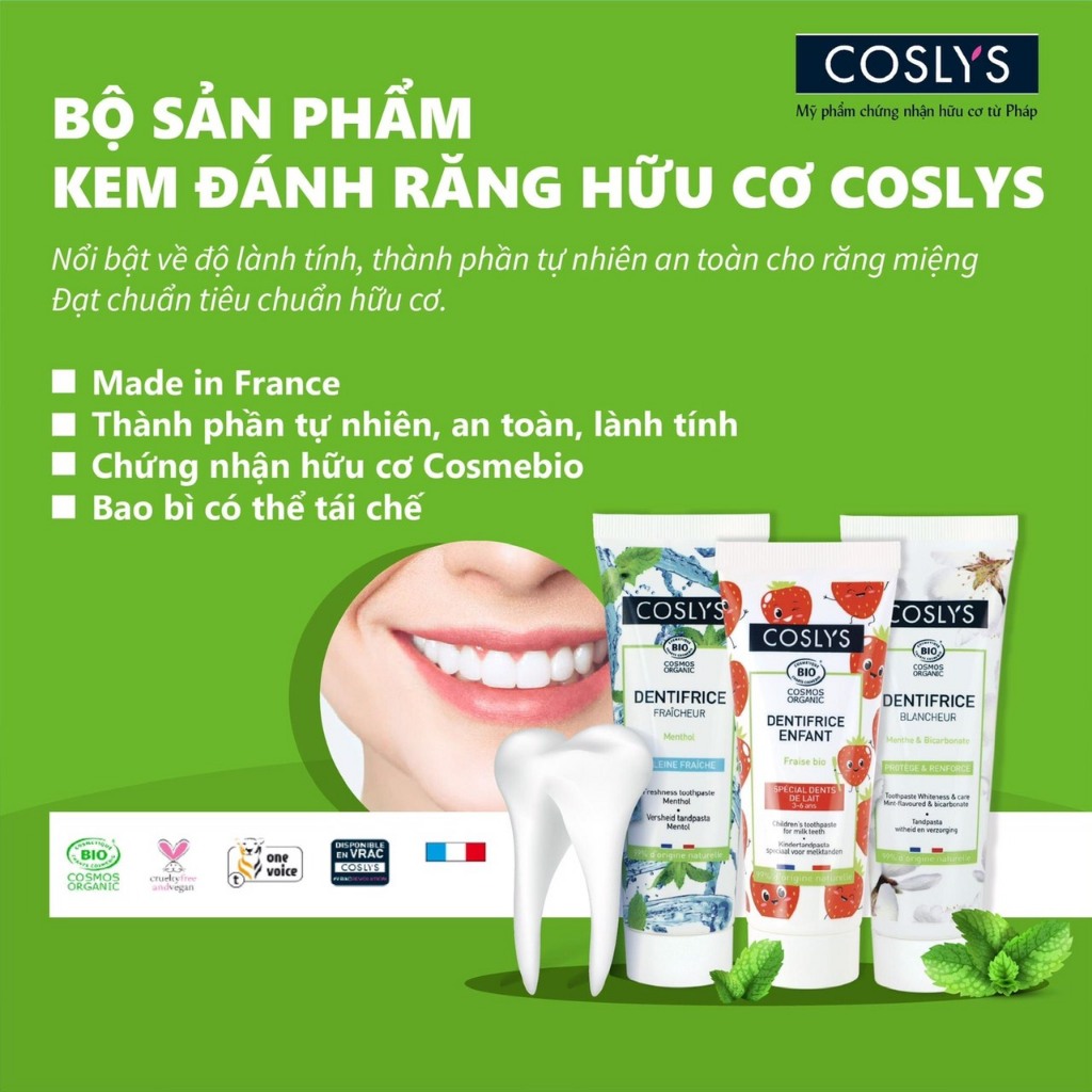 Kem đánh răng hữu cơ Coslys Freshness Toothpaste Methol/ trắng răng/ răng sữa