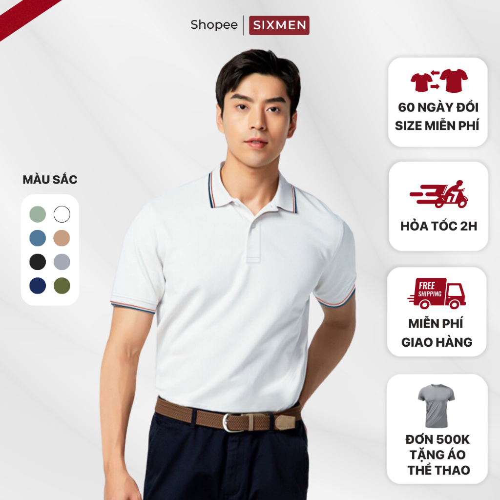 Áo polo nam cao cấp có cổ SIXMEN Basic 3RIM - Polo Đen vải cá sấu cotton CVC thoáng mát, thanh lịch