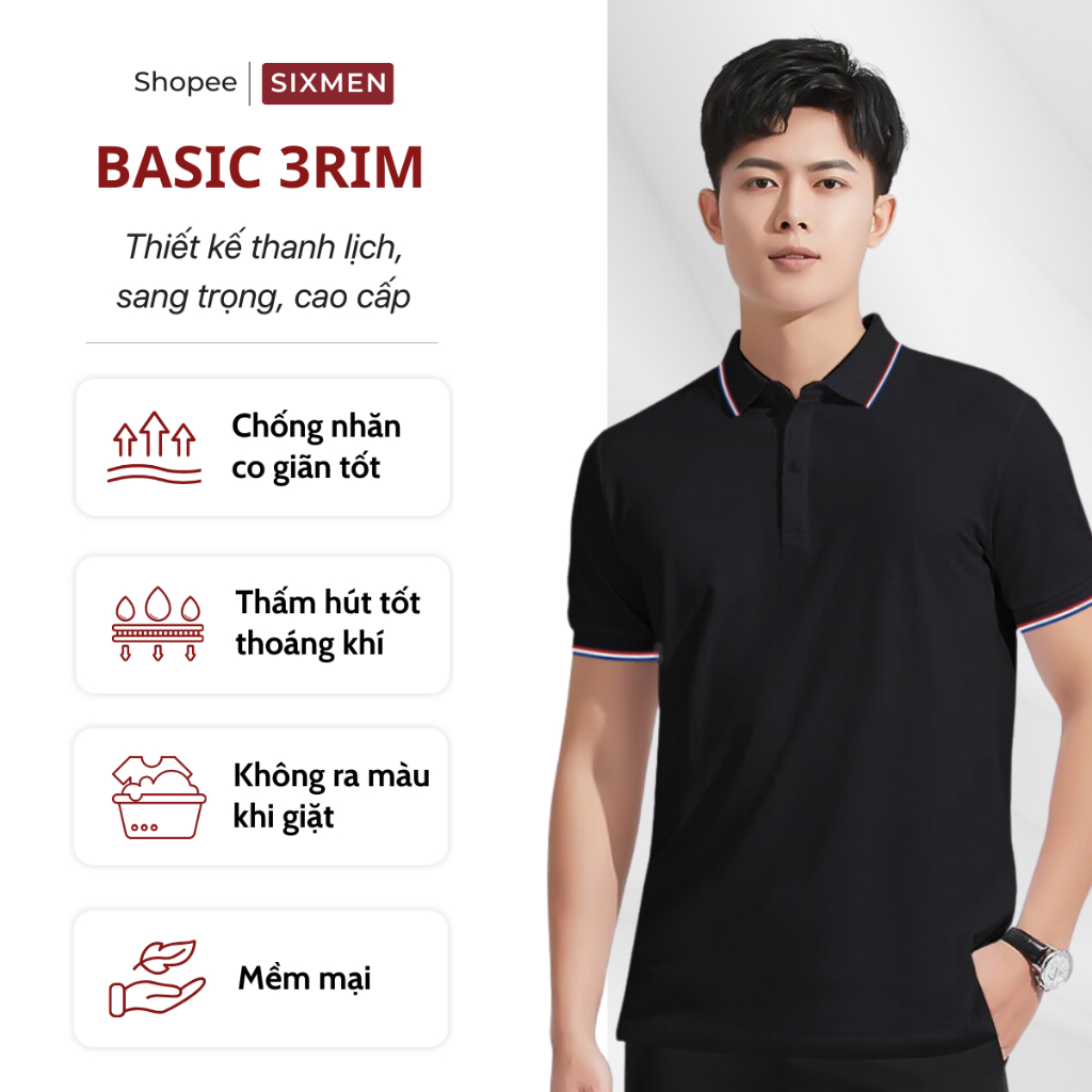 Áo polo nam cao cấp có cổ SIXMEN Basic 3RIM - Polo Đen vải cá sấu cotton CVC thoáng mát, thanh lịch