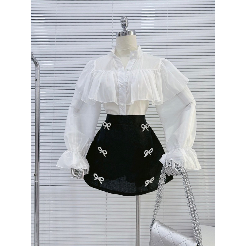 SET ÁO TƠ TRẮNG BÈO + CHÂN VÁY KÈM TAG NƠ