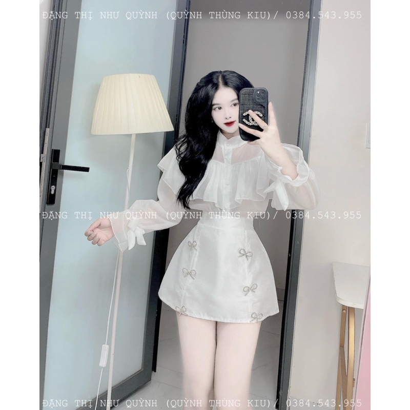 SET ÁO TƠ TRẮNG BÈO + CHÂN VÁY KÈM TAG NƠ