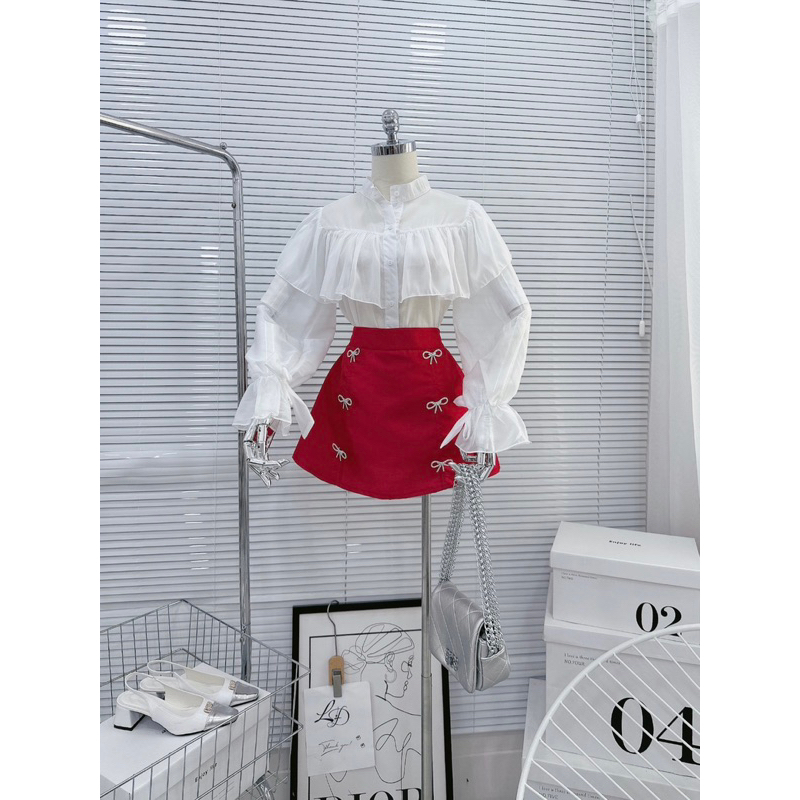 SET ÁO TƠ TRẮNG BÈO + CHÂN VÁY KÈM TAG NƠ