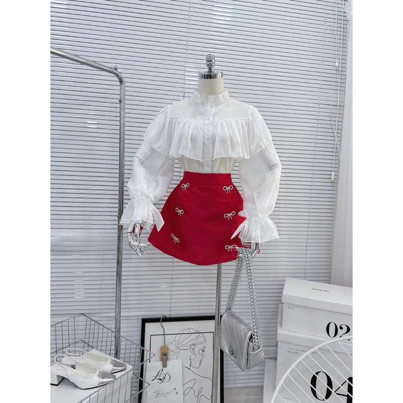 SET ÁO TƠ TRẮNG BÈO + CHÂN VÁY KÈM TAG NƠ