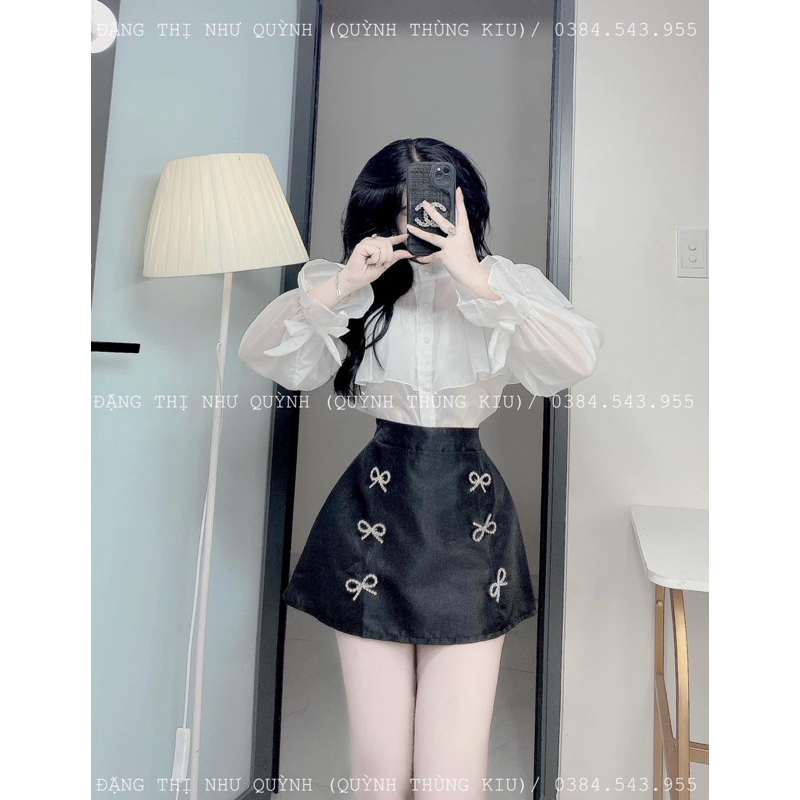 SET ÁO TƠ TRẮNG BÈO + CHÂN VÁY KÈM TAG NƠ