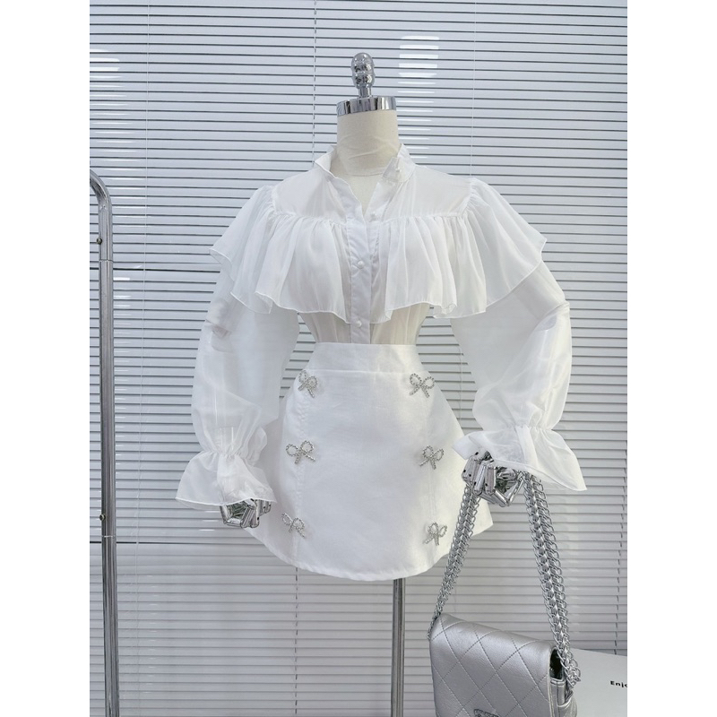 SET ÁO TƠ TRẮNG BÈO + CHÂN VÁY KÈM TAG NƠ