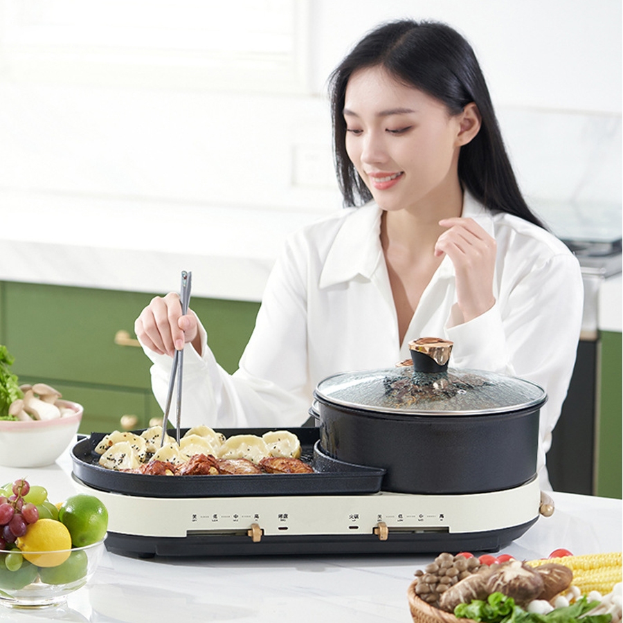 Bếp Lẩu Nướng Điện MELING 2 Ngăn Tháo Rời Bếp Đa Năng 2in1 Nấu Lẩu/Nướng/Luộc/Hầm Chống Dính Bảo Hành 12 Tháng