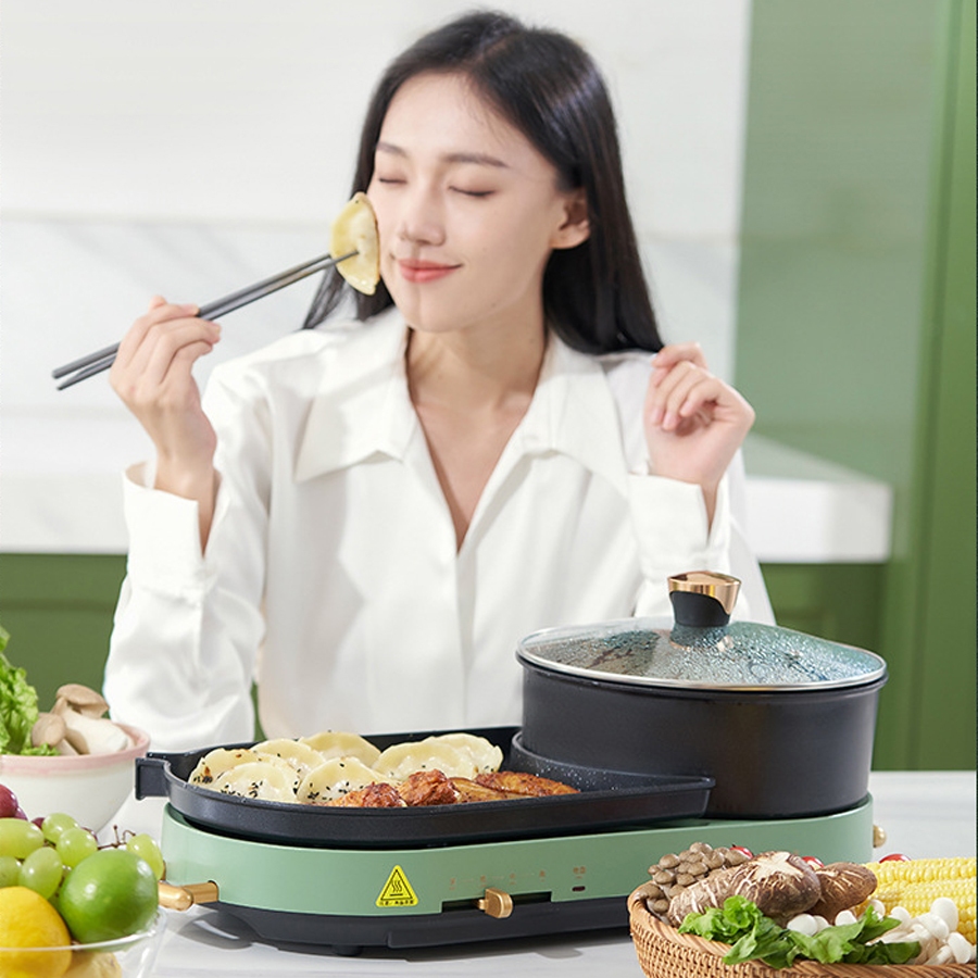 Bếp Lẩu Nướng Điện MELING 2 Ngăn Tháo Rời Bếp Đa Năng 2in1 Nấu Lẩu/Nướng/Luộc/Hầm Chống Dính Bảo Hành 12 Tháng