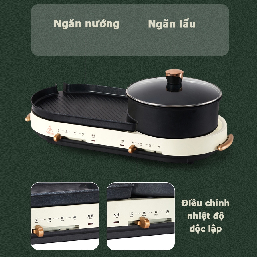 Bếp Lẩu Nướng Điện MELING 2 Ngăn Tháo Rời Bếp Đa Năng 2in1 Nấu Lẩu/Nướng/Luộc/Hầm Chống Dính Bảo Hành 12 Tháng