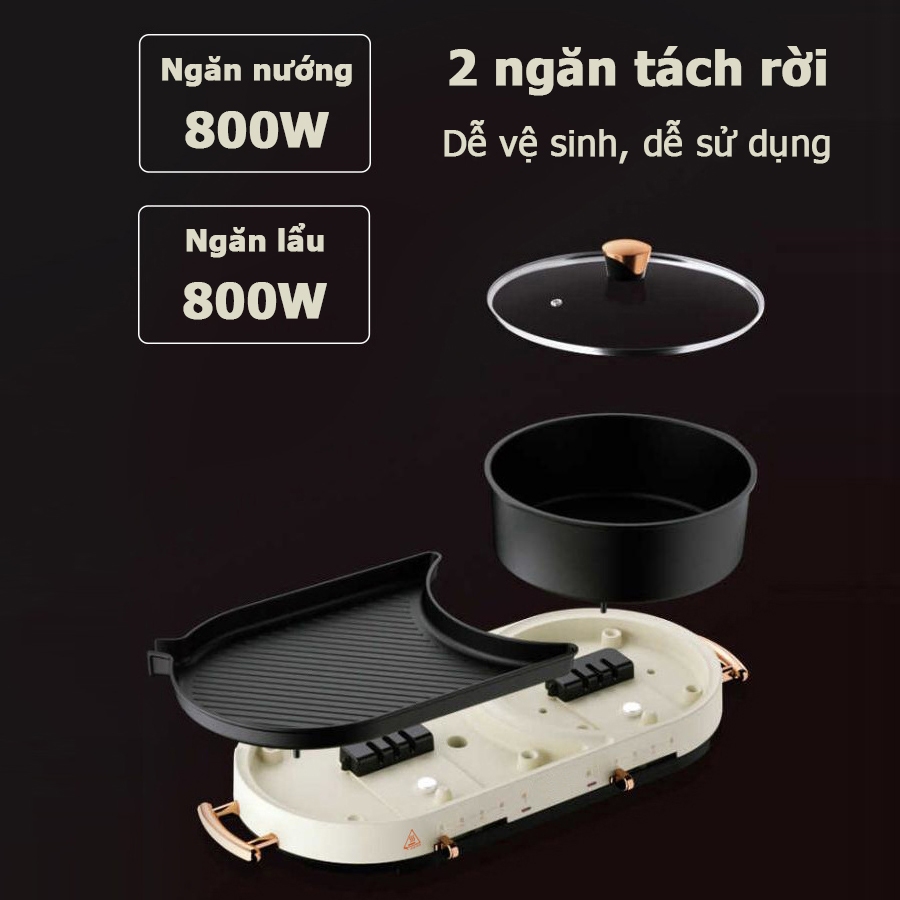 Bếp Lẩu Nướng Điện MELING 2 Ngăn Tháo Rời Bếp Đa Năng 2in1 Nấu Lẩu/Nướng/Luộc/Hầm Chống Dính Bảo Hành 12 Tháng