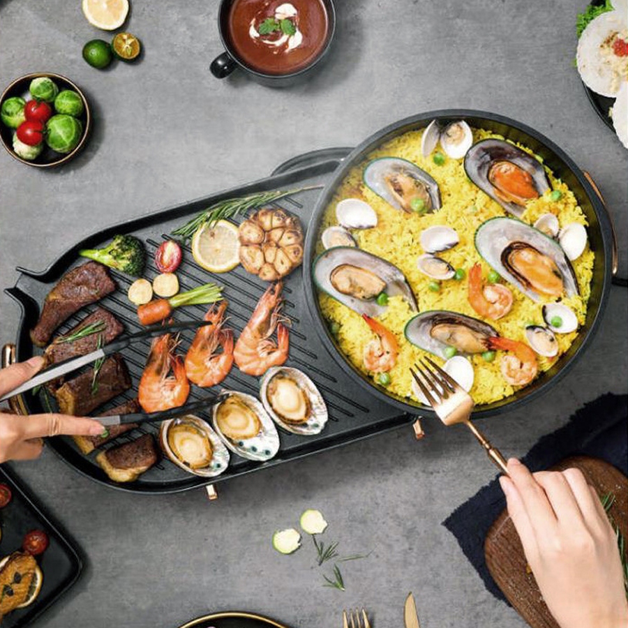 Bếp Lẩu Nướng Điện MELING 2 Ngăn Tháo Rời Bếp Đa Năng 2in1 Nấu Lẩu/Nướng/Luộc/Hầm Chống Dính Bảo Hành 12 Tháng