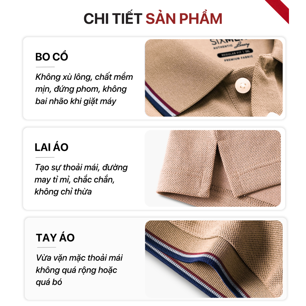 Áo thun Polo nam cao cấp có cổ bẻ SIXMEN 3RIM - Polo Ca cao vải cá sấu cotton thoáng mát, thanh lịch